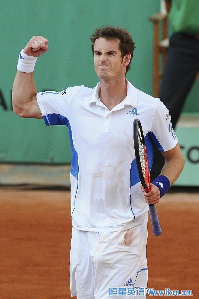 Andy Murray of Britain celebrates during the men's singles first round match against Richard Gasquet of France at the French Open tennis tournament at Roland Garros in Paris, capital of France, May 24, 2010. Murray won by 3-2 and advanced to the next round. (Xinhua/Laurent Zabulon) 
