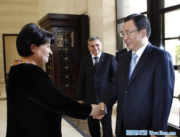 He Guoqiang, member of the Standing Committee of the Political Bureau of the CPC Central Committee, meets with with Akja Nurberdiyeva, chairperson of the Mejlis, or the Turkmen parliament in Ashgabad, June 18, 2010. (Xinhua/Liu Jiansheng) He Guoqiang, member of the Standing Committee of the Political Bureau of the CPC Central Committee, meets with with Akja Nurberdiyeva, chairperson of the Mejlis, or the Turkmen parliament in Ashgabad, June 18, 2010. (Xinhua/Liu Jiansheng)