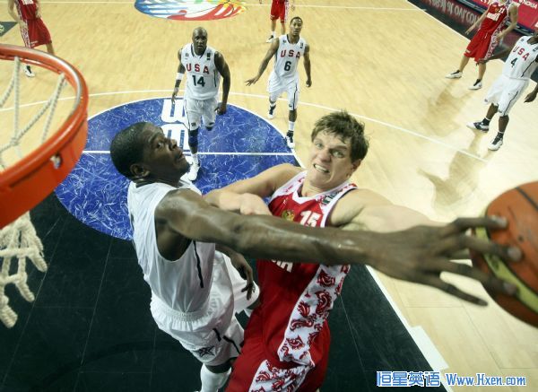 Durant from the US blocks a shot by Russia's Mozgov during their FIBA Basketball World Championship game in Istanbul USA's Kevin Durant (L) blocks a shot by Russia's Timofey Mozgov during their FIBA Basketball World Championship game in Istanbul September 9, 2010.           (Xinhua/Reuters)