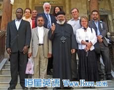 2010 Citizen Diplomat Award honoree Sahar Taman (back row in red) visits an Egyptian Coptic church with one of her tour groups in May 2009.