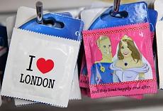 Unofficial souvenir condoms of Britain's Prince William and Kate Middleton are seen in London