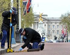 Metropolitan police officers carry out security checks on drains and lamp posts along the Mall ahead of the Royal wedding in London, April 26, 2011 