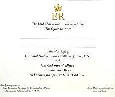 An invitation card for the wedding of Prince William and Kate Middleton is seen at Buckingham Palace in London