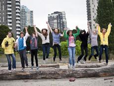Not every summer camp convenes in the woods.  Here, young actors frolic at a film-school camp in the heart of a big city: Vancouver, British Columbia in Canada. 
