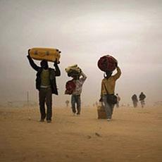 Men, who used to work in Libya and fled the unrest in the country, carry their belongings as they walk during a sand storm in a refugee camp at the Tunisia-Libyan border, in Ras Ajdir, Tunisia, March 15, 2011