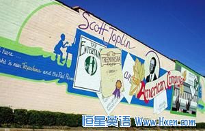 This mural, saluting legendary ragtime-music composer Scott Joplin, decorates a building on the Texas side of Texarkana, where he was born.   