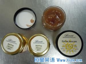 The thin layer of wax capping the honey is removed to create natural skin products like lip balm, sunscreen and facial scrubs for the hotel's VIP guests.  