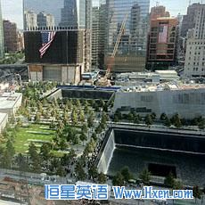 View of two giant memorial pools created in the footprints where the twin towers of the World Trade Center once stood, New York, September 11, 2011. 
