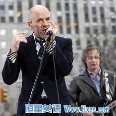 The band R.E.M. with lead singer Michael Stipe performs on the plaza of Rockefeller Center during the Today Show in New York April 1, 2008