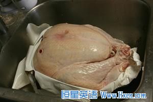 Thanksgiving��s main dish, before cooking. The pop-up timer is primed for action.