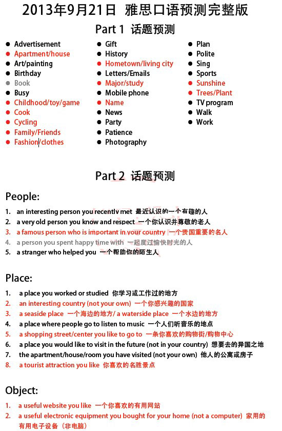 2013年9月21日雅思口语预测（李晓刚版）